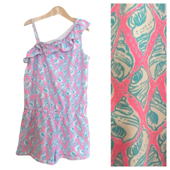 Lilly Pulitzer Pink Blue Seashell Print One Shoulder Ruffle Shorts Terry Romper - Picture 1 of 13